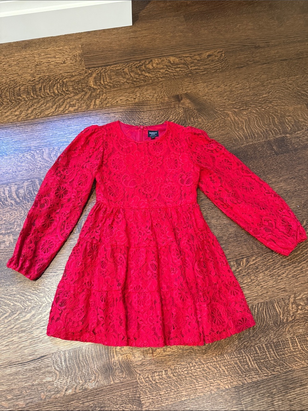 Bardot Junior Red Lace Long-Sleeve Fit-and-Flare Dress in Size 10